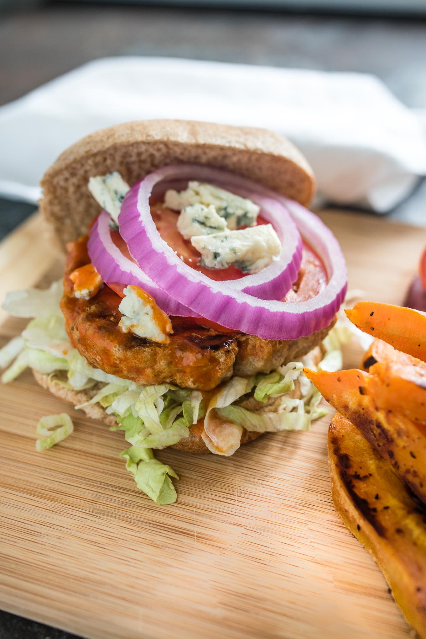  Skip the fried wings and make some easy and tasty Buffalo Turkey Burgers. For a low carb version serve them in lettuce wraps instead of on a bun!