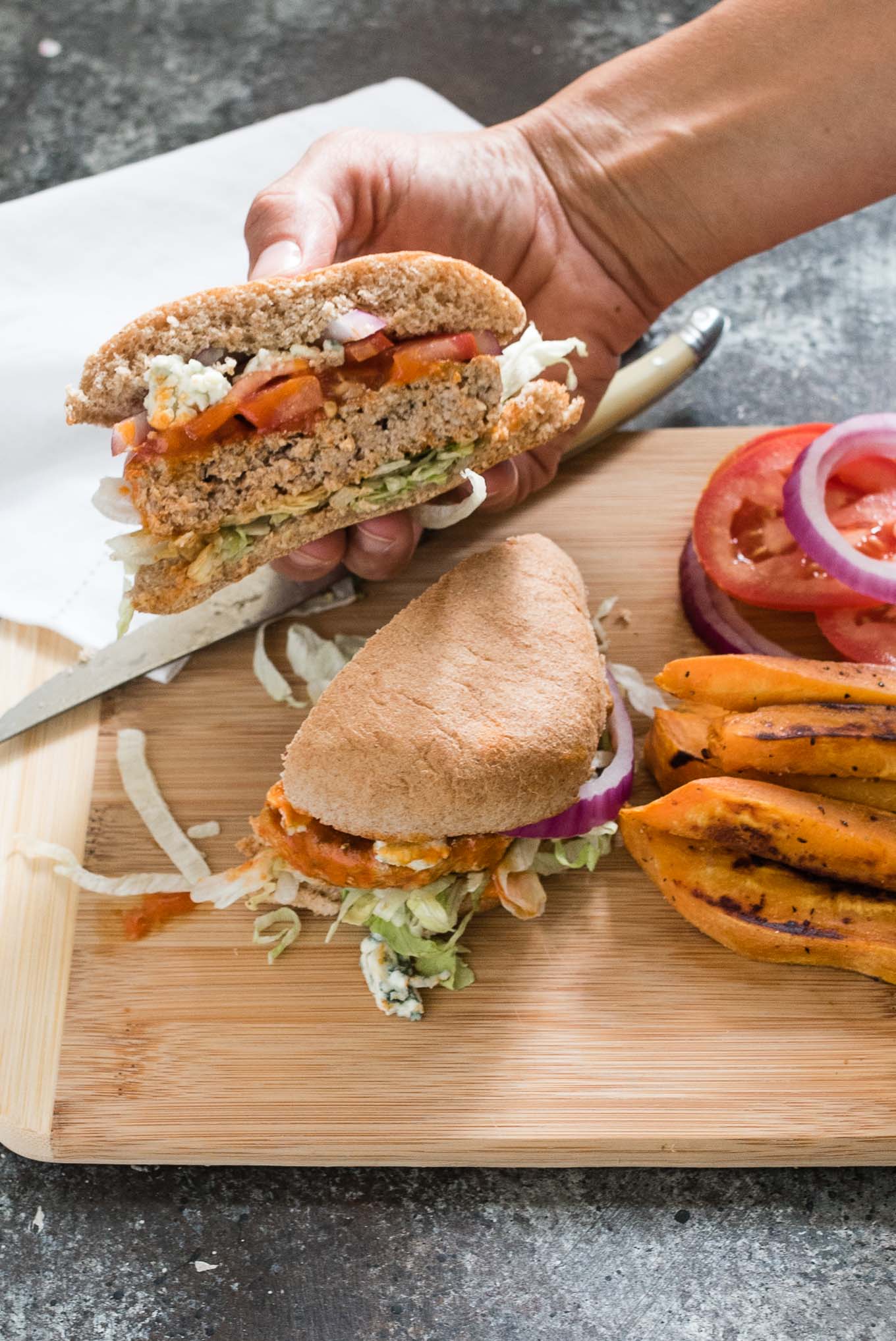 Skip the fried wings and make some easy and tasty Buffalo Turkey Burgers. For a low carb version serve them in lettuce wraps instead of on a bun!