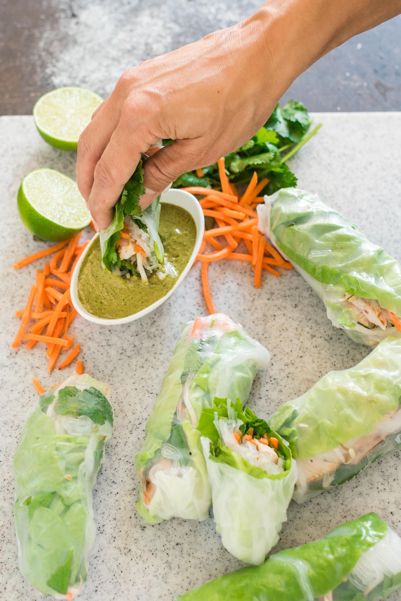 Turkey Summer Rolls with Cilantro Peanut Dipping Sauce are like a salad meets juicy grilled strips of turkey rolled up into one fresh and healthy roll.