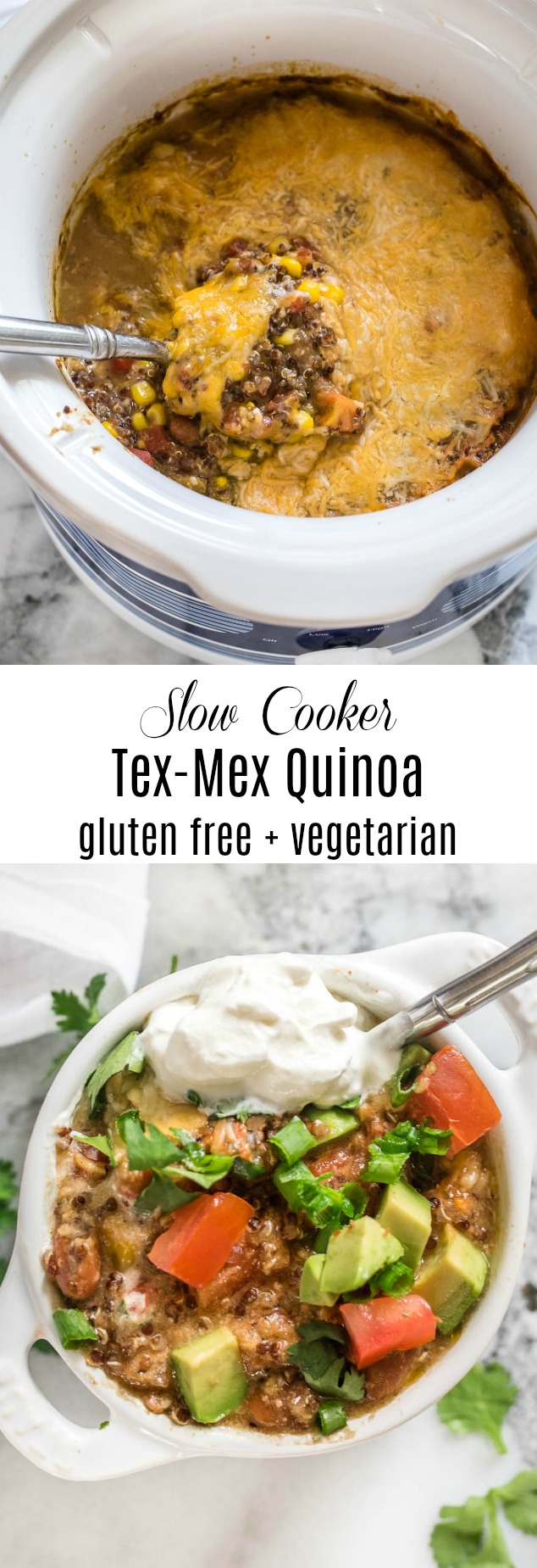 Slow Cooker Tex-Mex Quinoa is a gluten free, vegetarian meal that is a breeze to throw together and packed with long lasting plant protein.