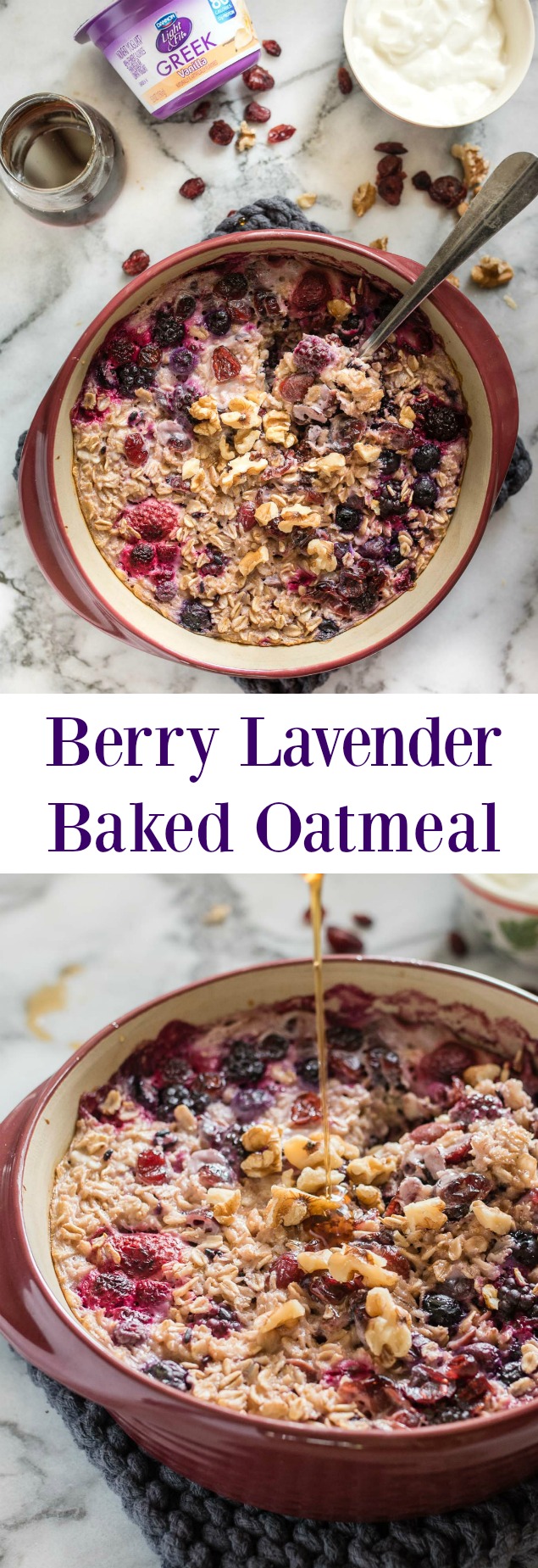 AD: Berry Lavender Baked Oatmeal is a simple, gluten-free nourishing breakfast to help you start your day off right. Using simple ingredients like oats, frozen berries and dried fruit, allows this healthy breakfast to come together so easily! Creamy vanilla nonfat yogurt binds it altogether and adds extra flavor. You’ll want to keep this in the breakfast rotation for sure!