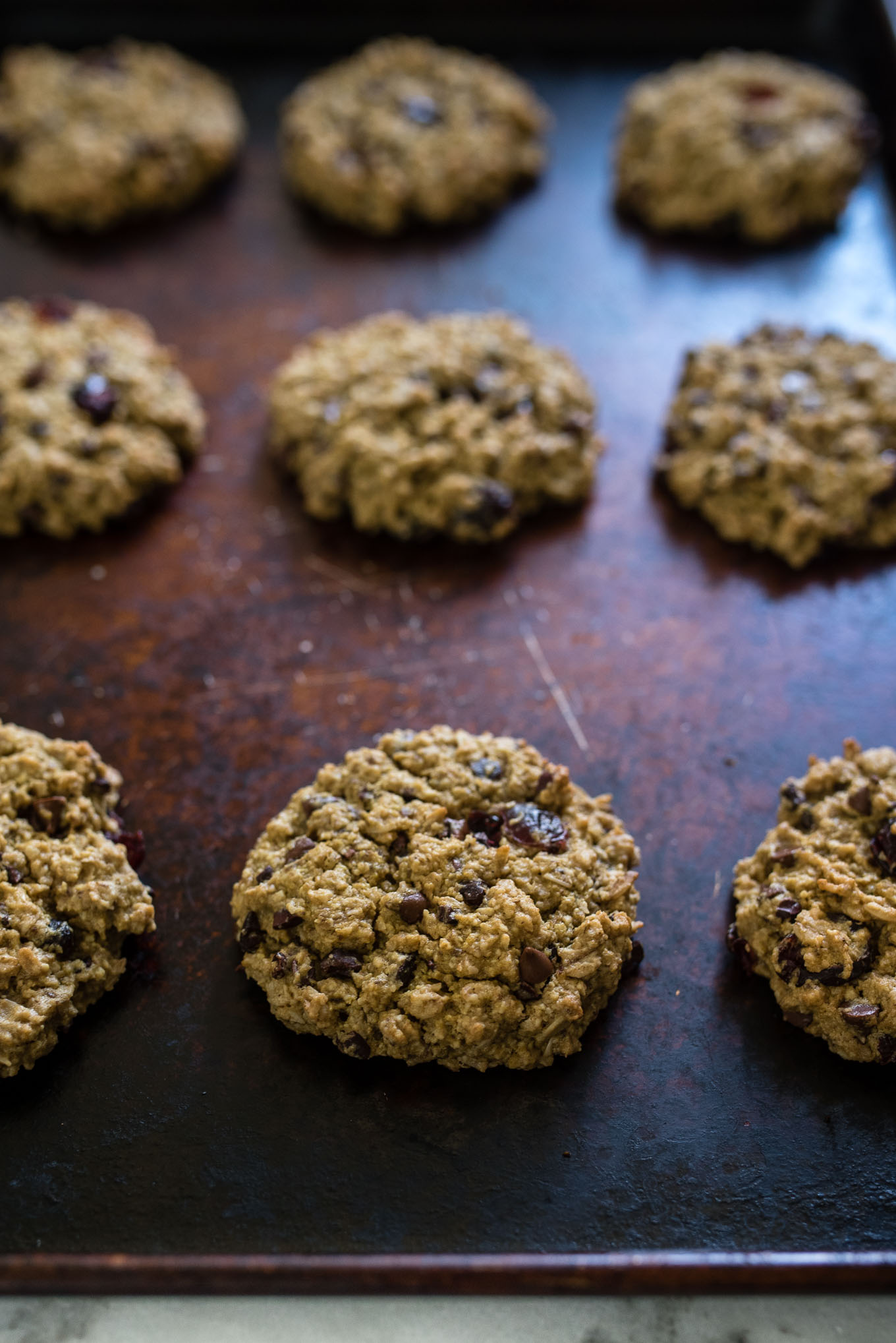 Lunch Box Cookies are both nutritious and delicious- a hearty soft cookie packed with oats, chocolate chips, cranberries, cocoa nibs and reduced amounts of sugar and oil.