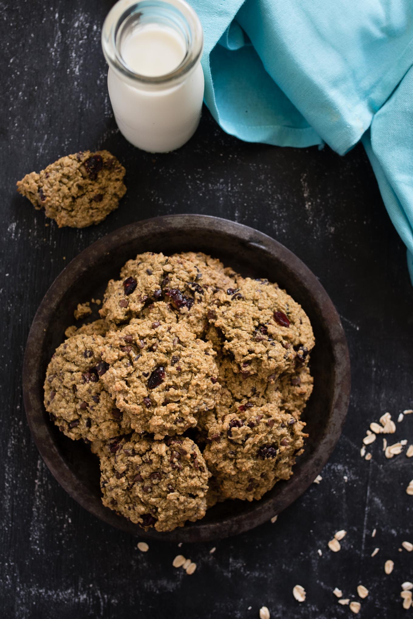 Lunch Box Cookies are both nutritious and delicious- a hearty soft cookie packed with oats, chocolate chips, cranberries, cocoa nibs and reduced amounts of sugar and oil.