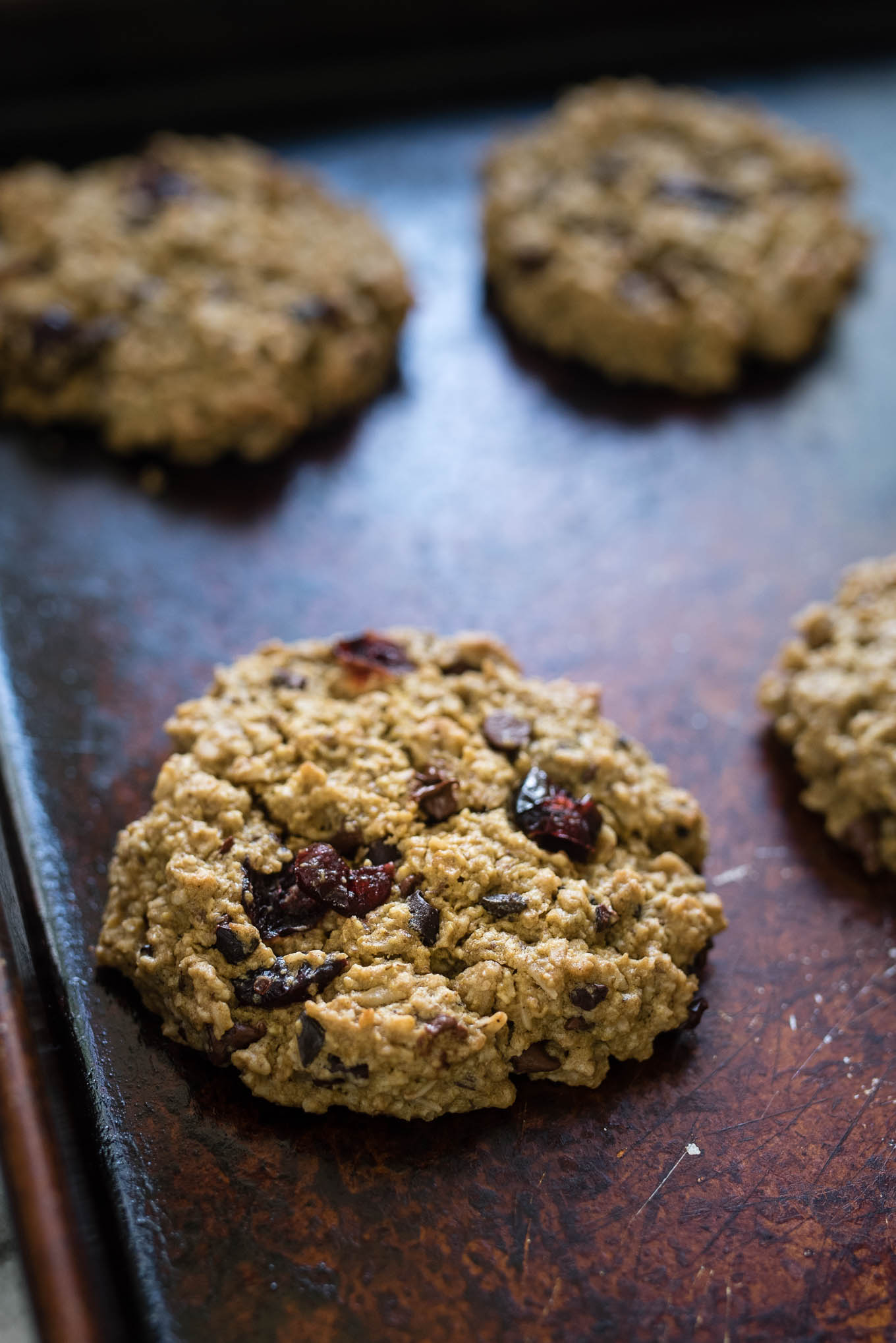 Lunch Box Cookies are both nutritious and delicious- a hearty soft cookie packed with oats, chocolate chips, cranberries, cocoa nibs and reduced amounts of sugar and oil.