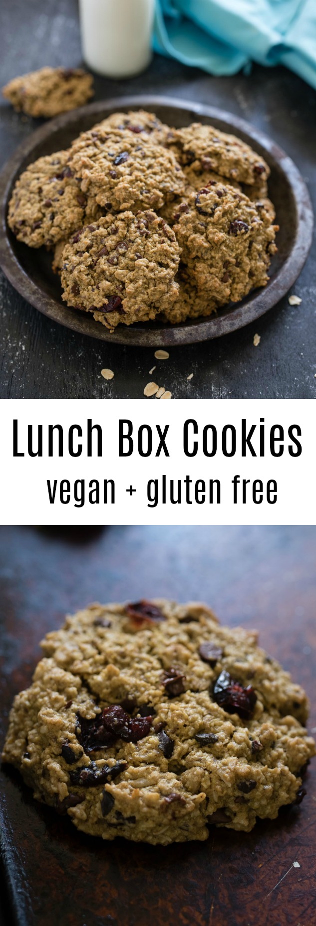 Lunch Box Cookies are both nutritious and delicious- a hearty soft cookie packed with oats, chocolate chips, cranberries and cocoa nibs and reduced amounts of sugar and oil.