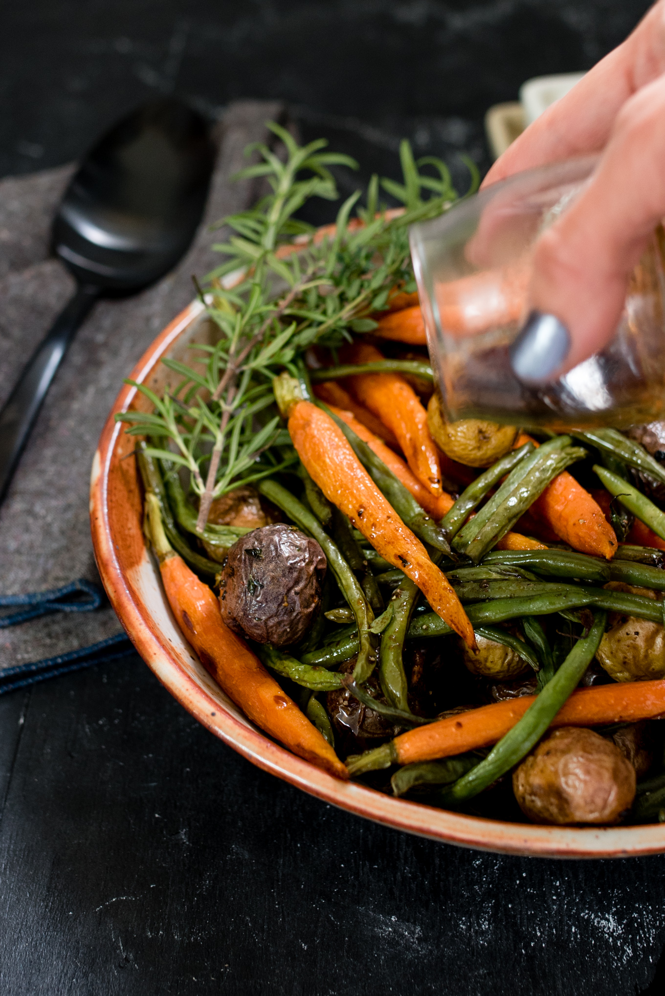 Herb Roasted Potatoes and Vegetables with Pumpkin Seed Vinaigrette, easy to make and naturally gluten free, great to serve along with roast beef, lamb, fish or to add to your vegetarian menu.