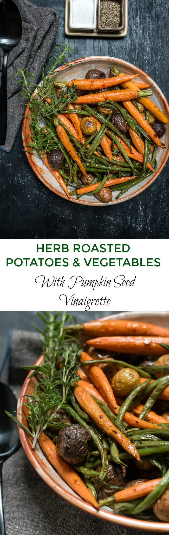 Herb Roasted Potatoes and Vegetables with Pumpkin Seed Vinaigrette, easy to make and naturally gluten free, great to serve along with roast beef, lamb, fish or to add to your vegetarian menu.