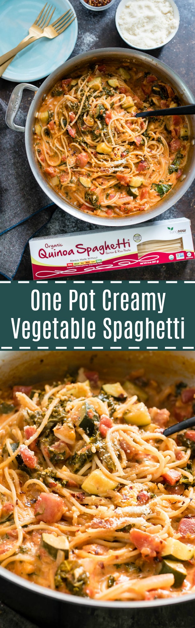 One Pot Creamy Vegetable Spaghetti is a gluten free, veggie packed meal that is all cooked in the same pan!