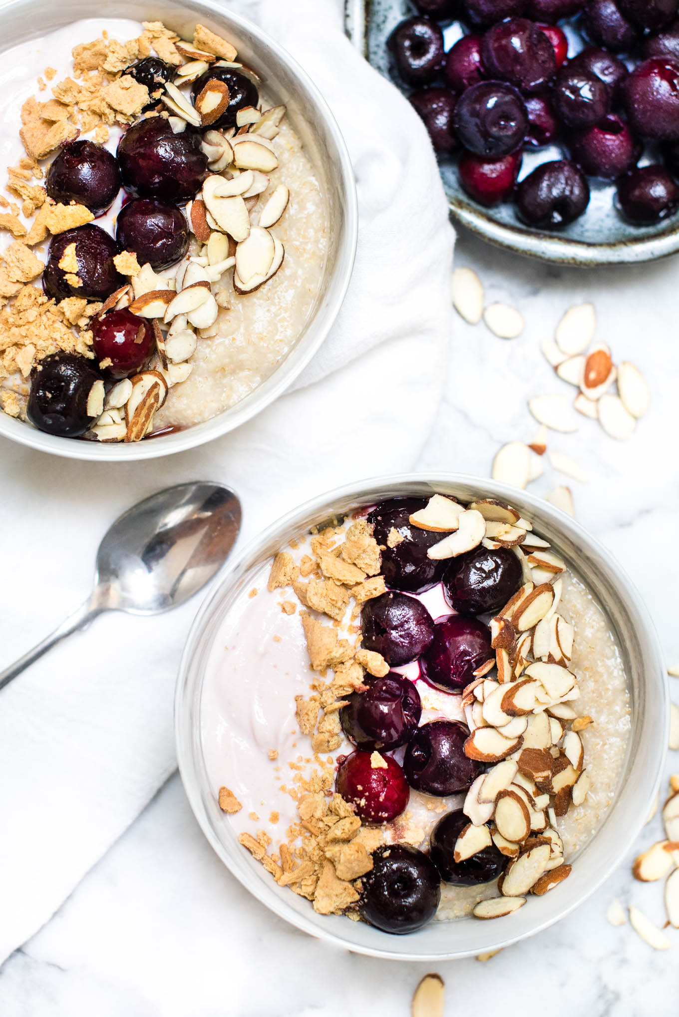 Cherry Almond Cheesecake Oat Bran Bowl is a tasty and quick fix breakfast that is high in protein and fiber, making you you feel fuller longer.