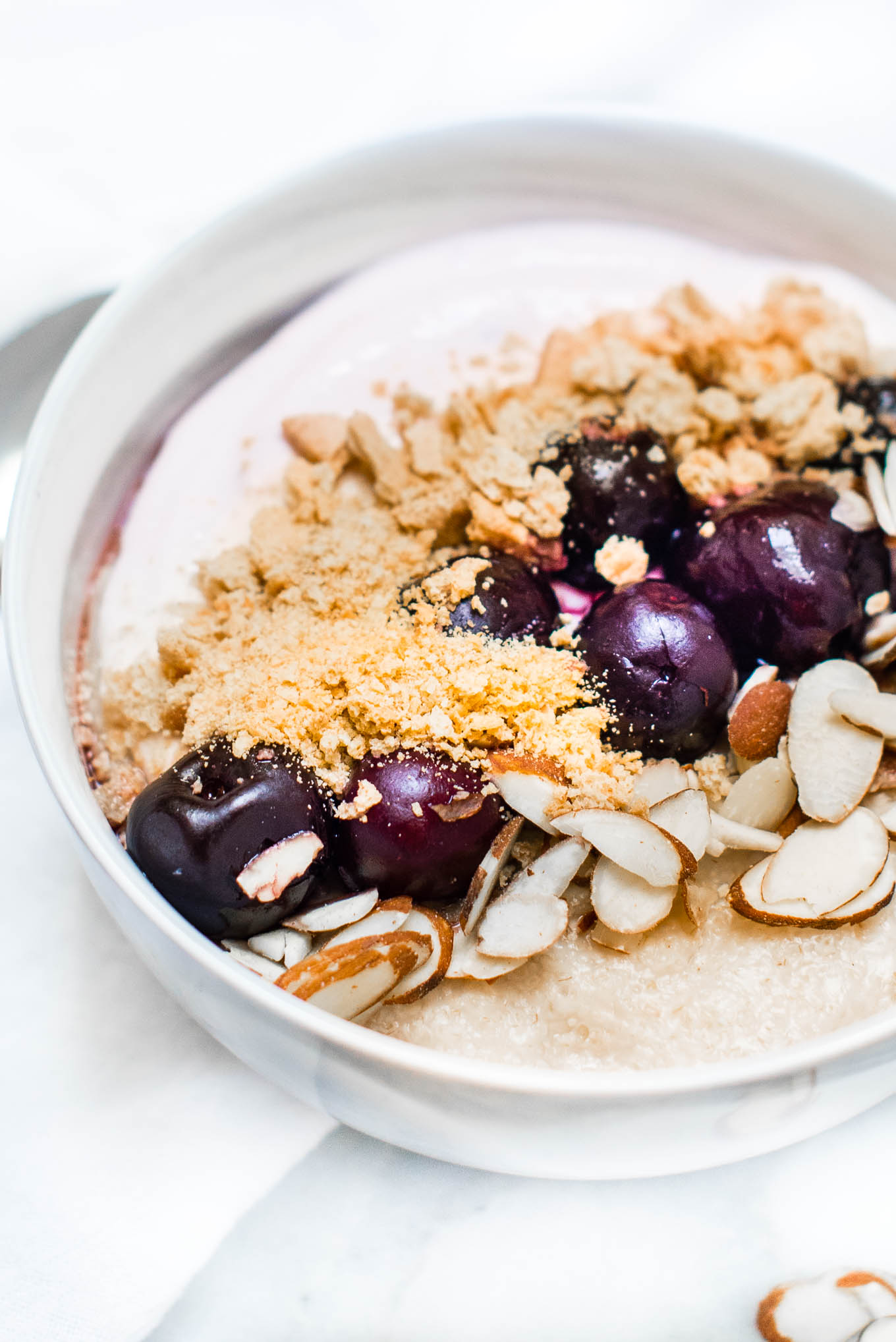 Cherry Almond Cheesecake Oat Bran Bowl is a tasty and quick fix breakfast that is high in protein and fiber, making you you feel fuller longer.