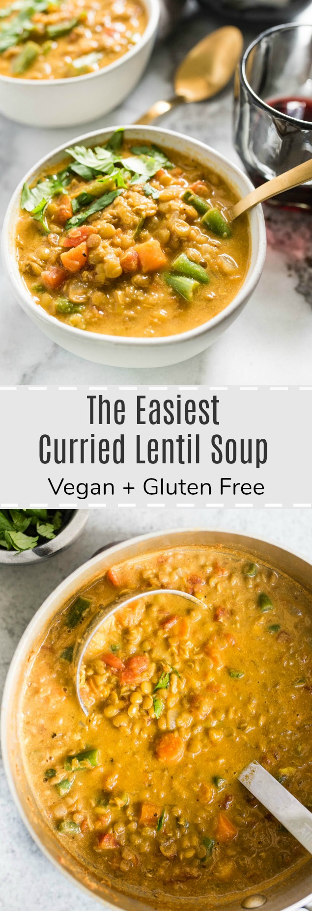 The Easiest Curried Lentil soup is vegan, protein packed and naturally gluten free. Perfect for a simple meatless meal.