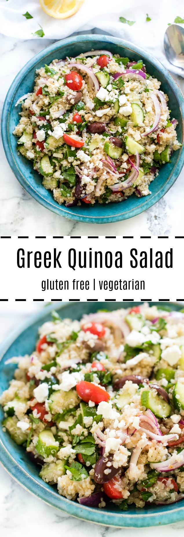 Greek Quinoa Salad is loaded with Mediterranean flavors and is a great make-ahead vegetarian and gluten free salad.