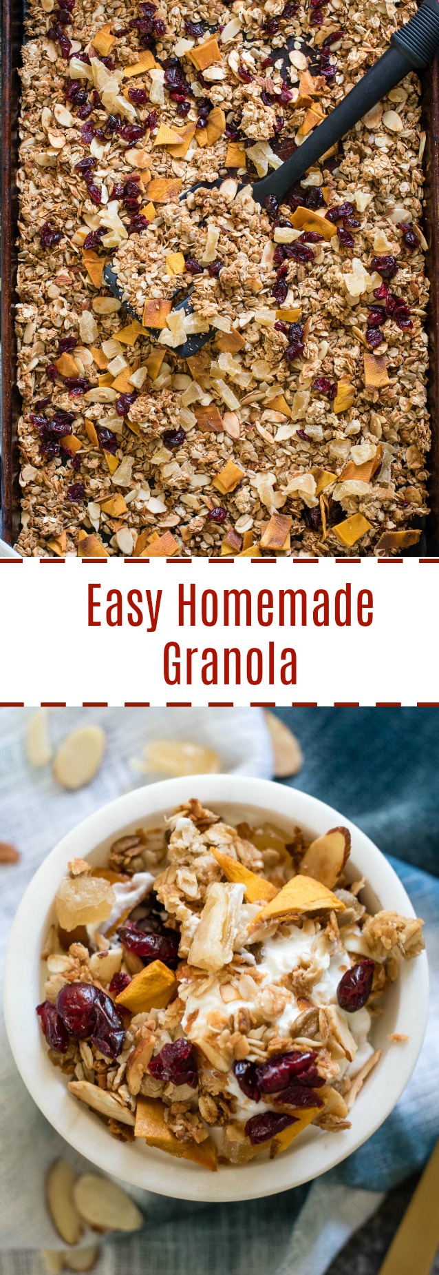 Serve this Easy Homemade Granola with milk, over Greek yogurt or straight from the tin for a healthy breakfast or snack! Made with rolled oats, coconut, seeds, nuts and fruit- the perfect combo! 