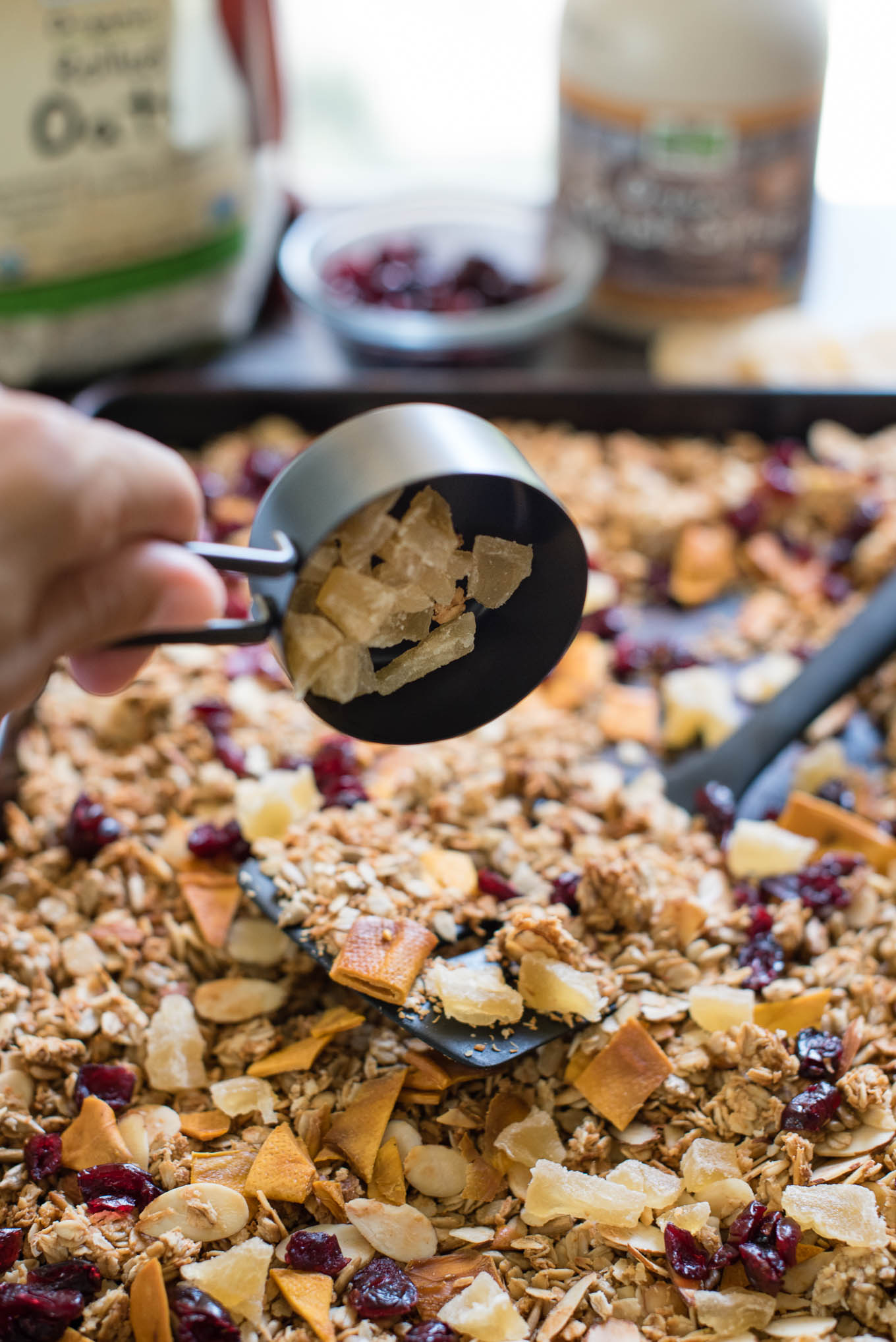 Serve this Easy Homemade Granola with milk, over Greek yogurt or straight from the tin for a healthy breakfast or snack! Made with rolled oats, coconut, seeds, nuts and fruit- the perfect combo! 