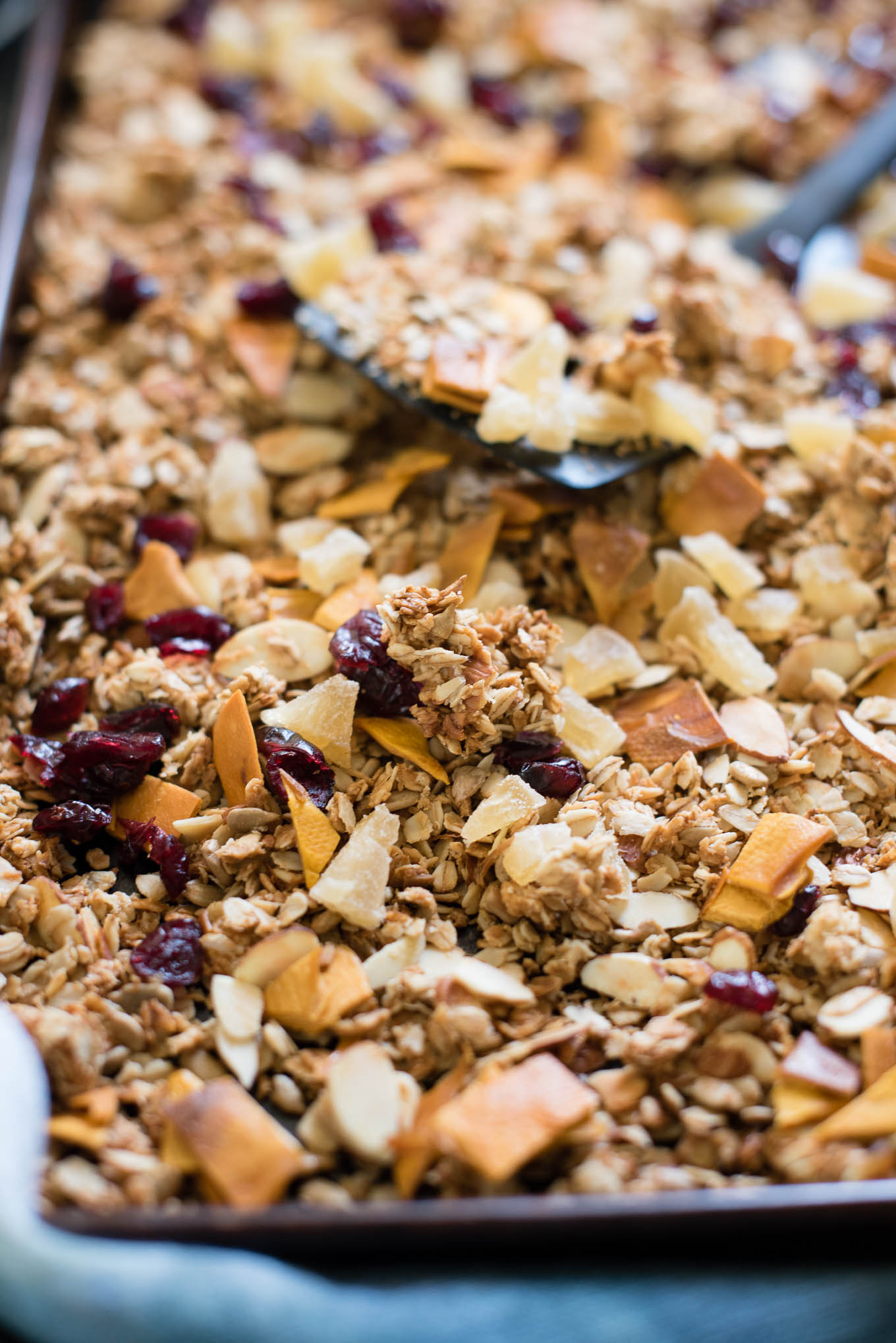Serve this Easy Homemade Granola with milk, over Greek yogurt or straight from the tin for a healthy breakfast or snack! Made with rolled oats, coconut, seeds, nuts and fruit- the perfect combo! 
