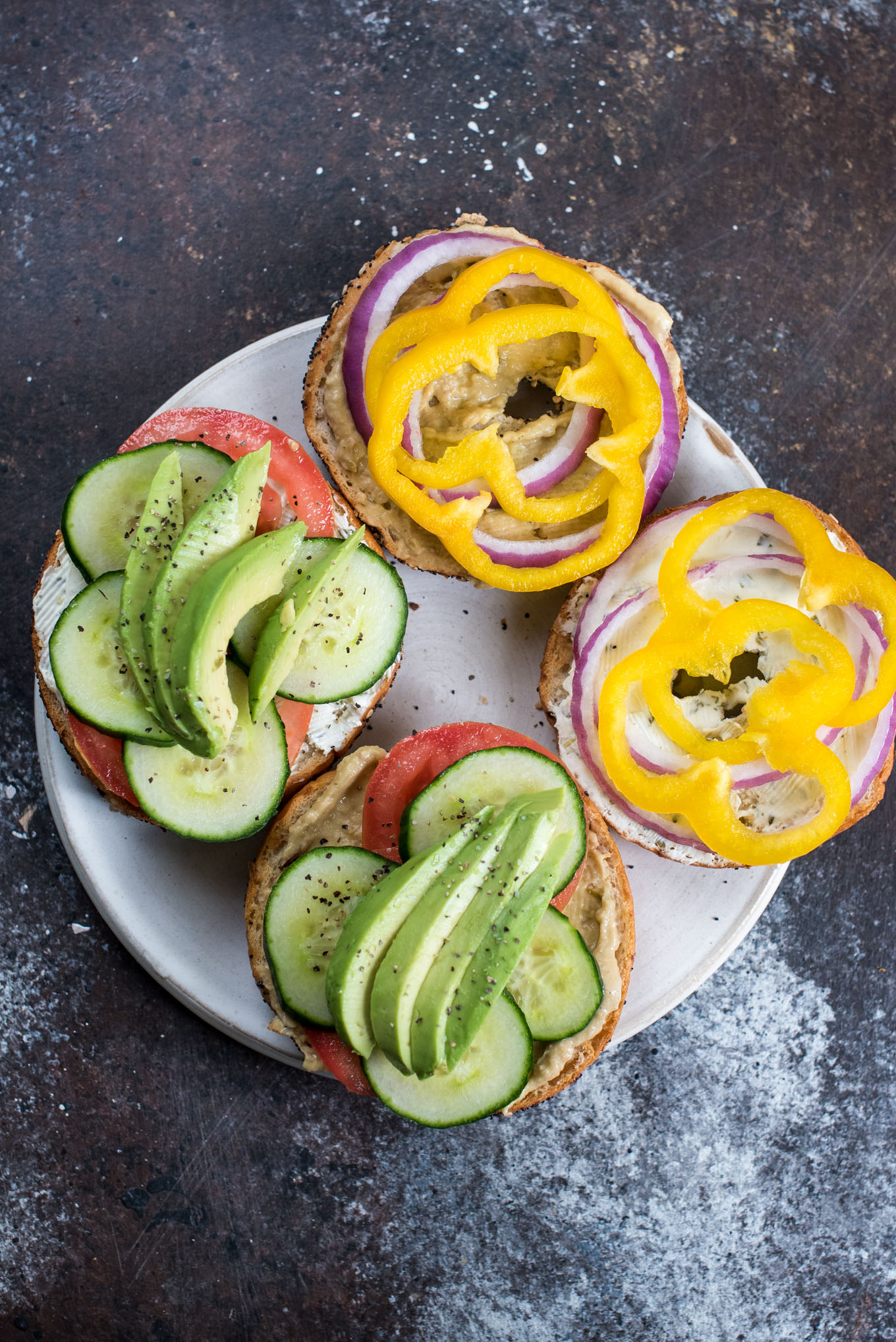 Veggies on a toasted bagel 