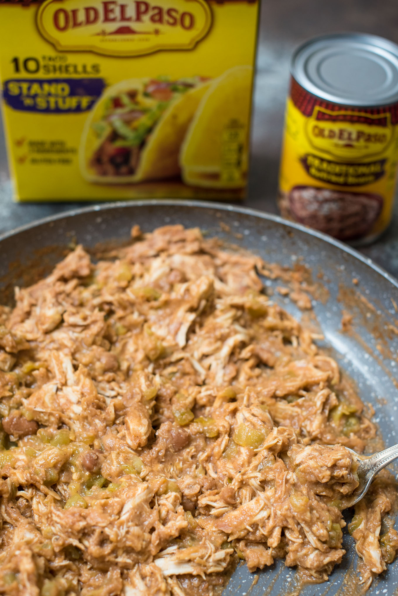 Skillet of shredded chicken and beans