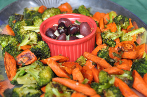Holiday Appetizer: Roasted Broccoli & Carrots and Herb Marinated Olives
