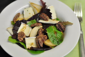 Baby Greens with Pear & Brie and an Apricot Balsamic Dressing