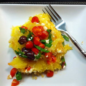 Spaghetti Squash with Tomatoes, Olives and Feta