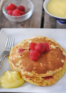 Raspberry Cornmeal Pancakes with Lemon Curd