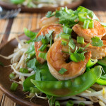 Shrimp With Ginger and Soy Over Bean Sprouts and Snow Peas