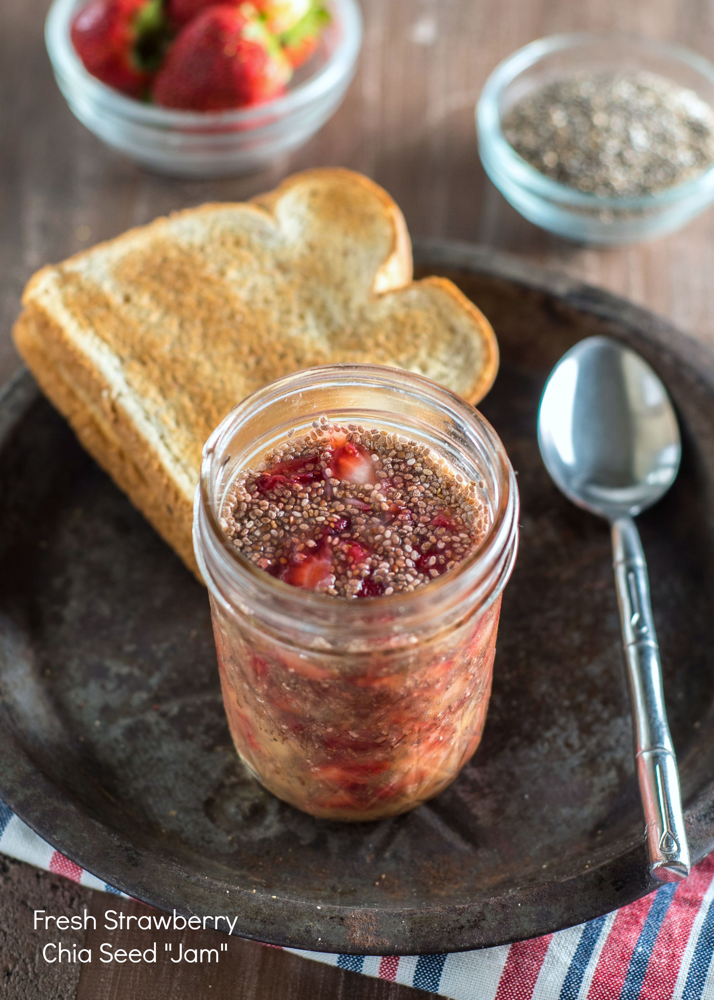 Strawberry Chia Seed Jam- this no-cook super simple "jam" can be eaten straight out of the jar (low-sugar) or spooned over pancakes, waffles, oatmeal or toast | Nutritious Eats