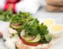 Open Face Veggie Cheese Toast With A Mustard Vinaigrette- Spreadable California cheese, topped with fresh spring veggies on a whole grain english muffin #ad | www.nutritiouseats.com