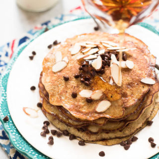 3 Ingredient Grain-Free Pancakes- high protein, dairy free, super simple to make. Top with your choice of toppings for a gluten-free, Paleo friendly breakfast! | www.nutritiouseats.com