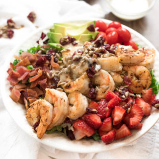 Chili Shrimp and Strawberry Salad with Honey Dijon Dressing- this simple, yet hearty salad is ready in under 15 minutes! #glutenfree #ad