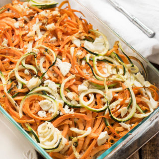 Coconut Spiralized Sweet Potato and Zucchini Bake with Goat Cheese- simple to prepare and great to pair with any protein #glutenfree and #Paleo friendly | www.nutritiouseats.com