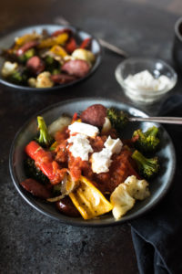 One Pan Roasted Sausage and Vegetables With Marinara and Goat Cheese