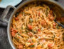 One Pot Creamy Vegetable Spaghetti is a gluten free, veggie packed meal that is all cooked in the same pan!