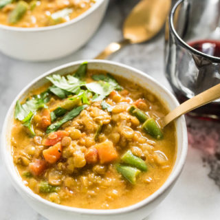 The Easiest Curried Lentil soup is vegan, protein packed and naturally gluten free. Perfect for a simple meatless meal.